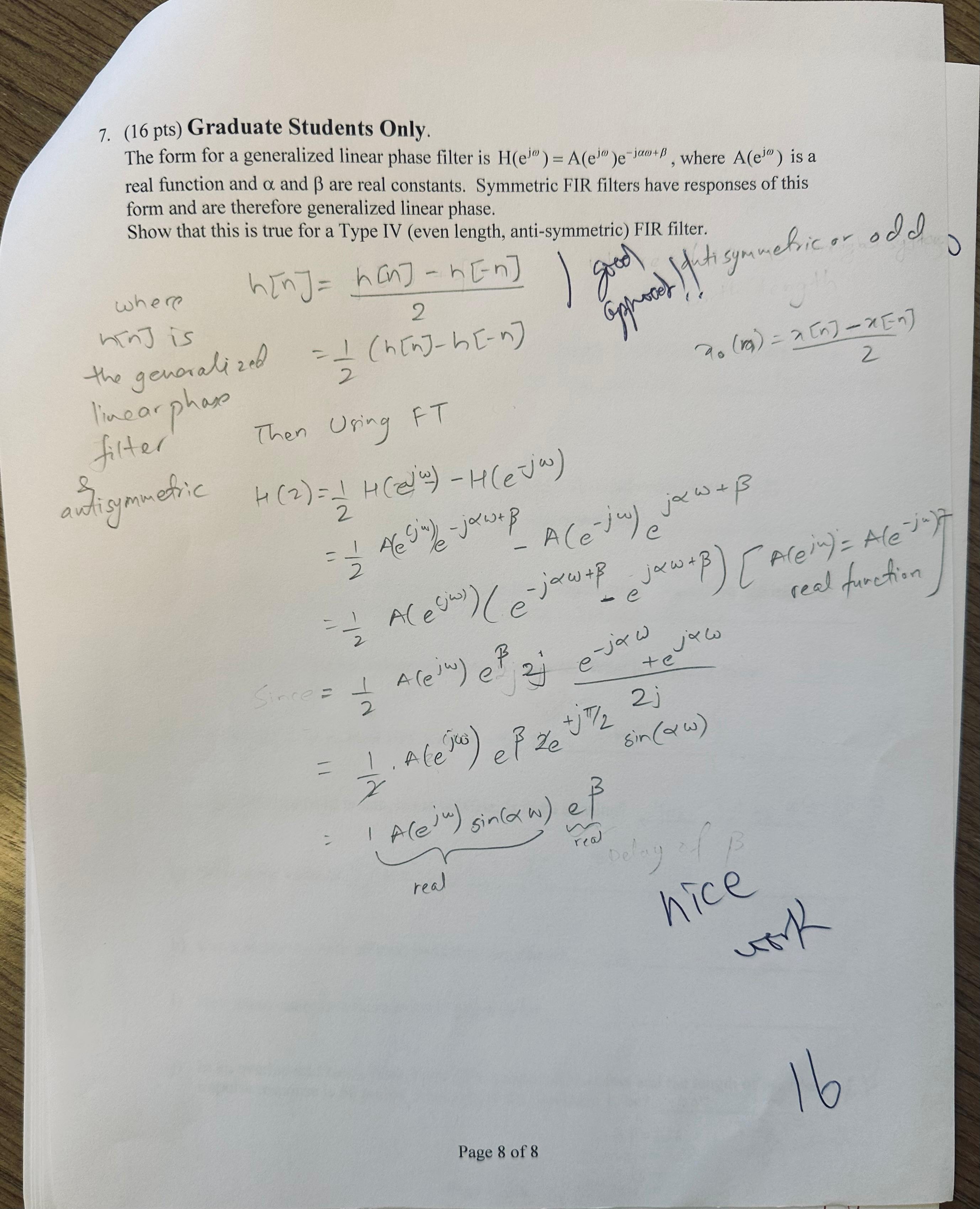 Handwritten solution to a graduate digital signal processing exam question on Type IV FIR filters and generalized linear phase.